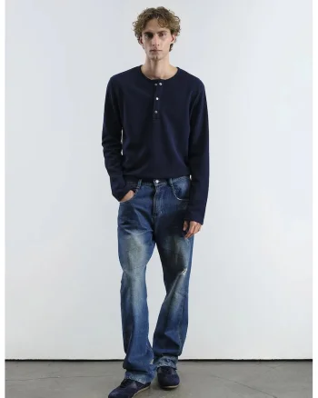 Bluza  cu maneca lunga si guler cu nasturi, albastru, elastic, poliester-viscoza, Bleumarin