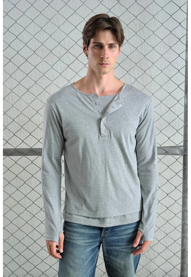 Bluza barbati,  maneca lunga, guler cu nasturi, gri, bumbac, Gri