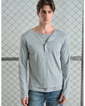Bluza barbati,  maneca lunga, guler cu nasturi, gri, bumbac, Gri