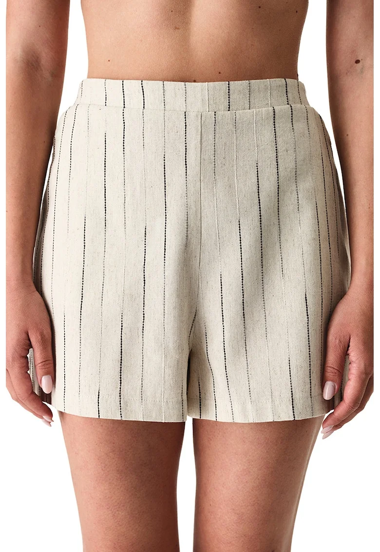 Pantaloni scurti din amestec de in cu dungi, Negru carbon/Bej deschis