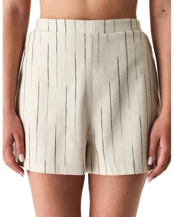 Pantaloni scurti din amestec de in cu dungi, Negru carbon/Bej deschis