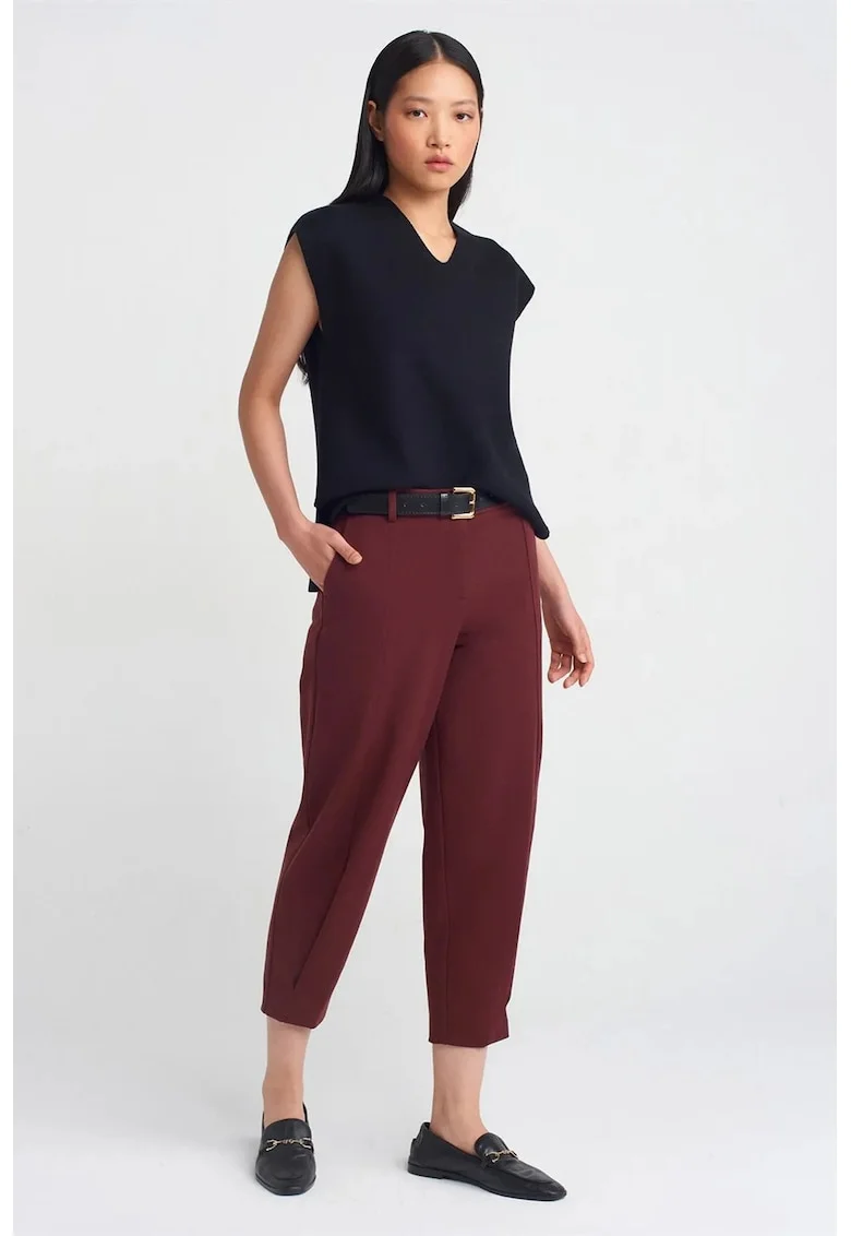Pantaloni Capri,  croiala dreapta, cu cordon, rosu, poliester