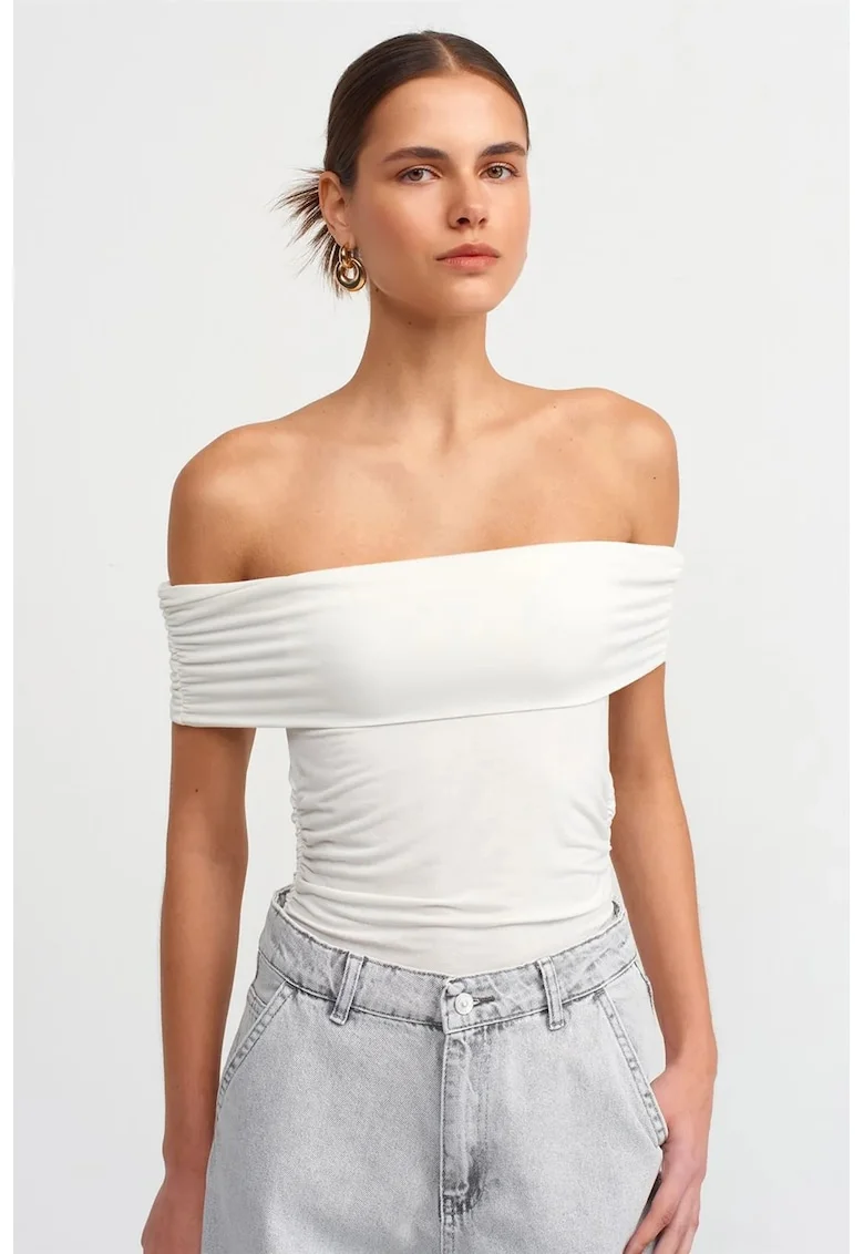 Bluza dama,  slim fit, decolteu off shoulder, alb, viscoza cu elastan