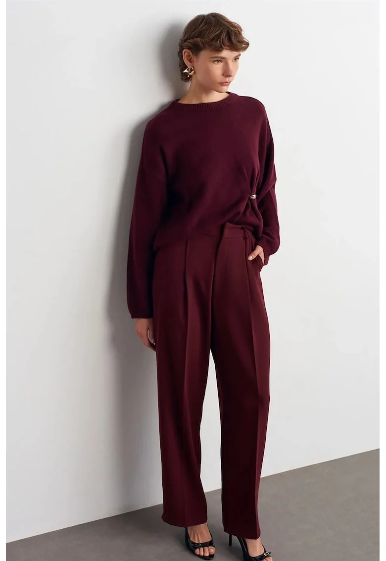 Pantaloni dama,  crep, talie inalta, croiala larga, rosu burgund, 100% poliester,