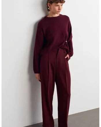 Pantaloni dama,  crep, talie inalta, croiala larga, rosu burgund, 100% poliester,