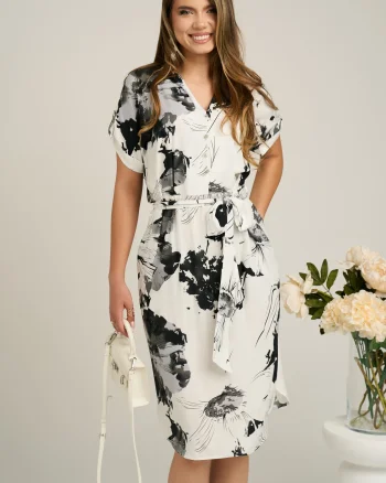 Rochie din viscoza alba cu imprimeuri gri si cordon in talie