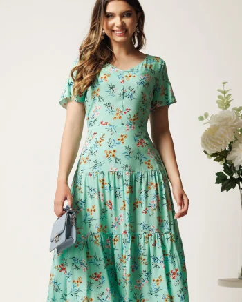 Rochie midi verde mint din viscoza cu imprimeuri florale