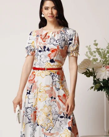 Rochie din viscoza alba cu imprimeuri corai si curea in talie