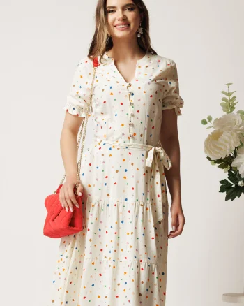 Rochie alba cu buline colorate in clos cu cordon in talie