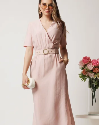 Rochie midi roz cu elastic si curea in talie