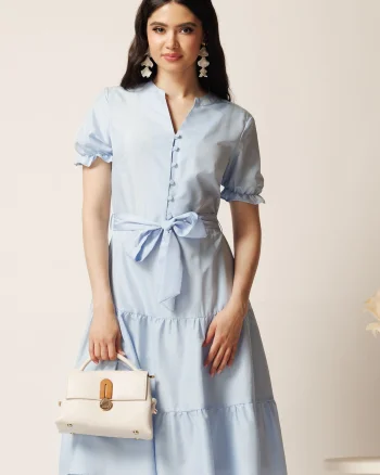 Rochie bleu din viscoza in clos cu cordon in talie