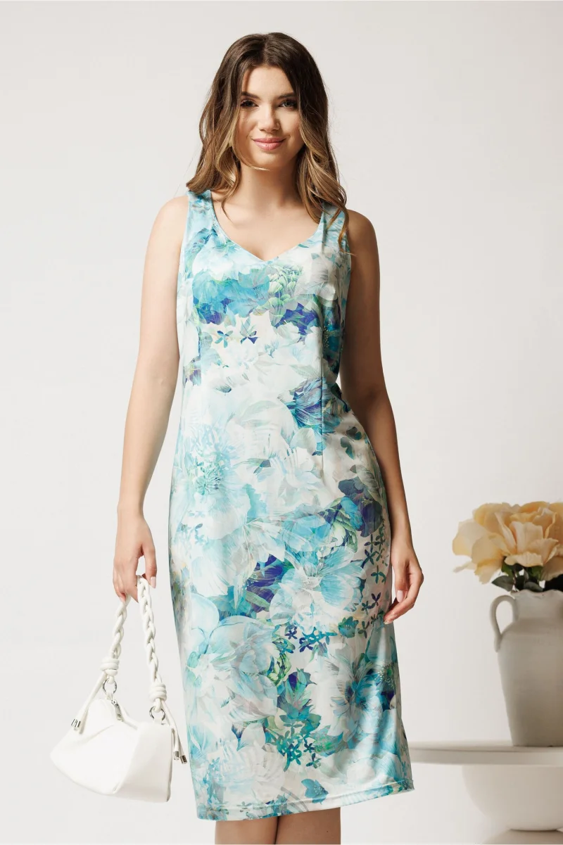Rochie midi turcoaz din lycra cu croi drept si imprimeu floral