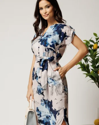 Rochie midi gri cu imprimeuri albastre si cordon in talie