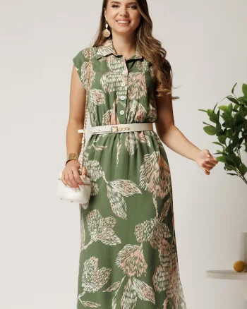 Rochie midi kaki cu imprimeu roz din tencel cu elastic si curea in talie