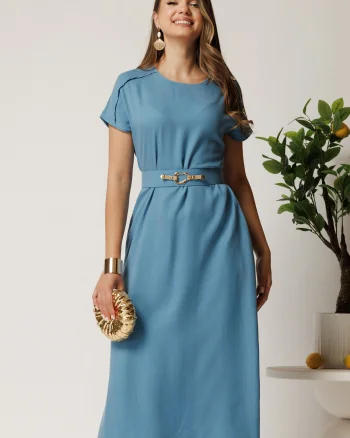 Rochie midi bleu din tencel cu croi evazat si curea in talie