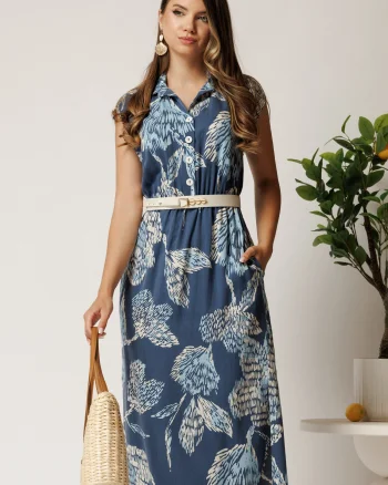 Rochie midi bleumarin cu imprimeu bleu din tencel cu elastic si curea in talie