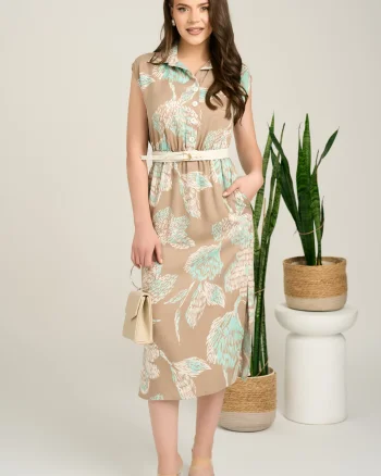 Rochie midi bej cu imprimeu verde mint din tencel cu elastic si curea in talie