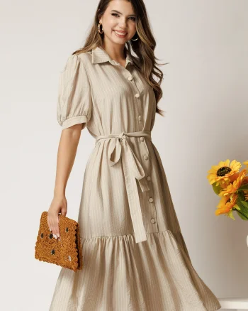 Rochie midi din viscoza bej cu dungi si cordon in talie tip camasa