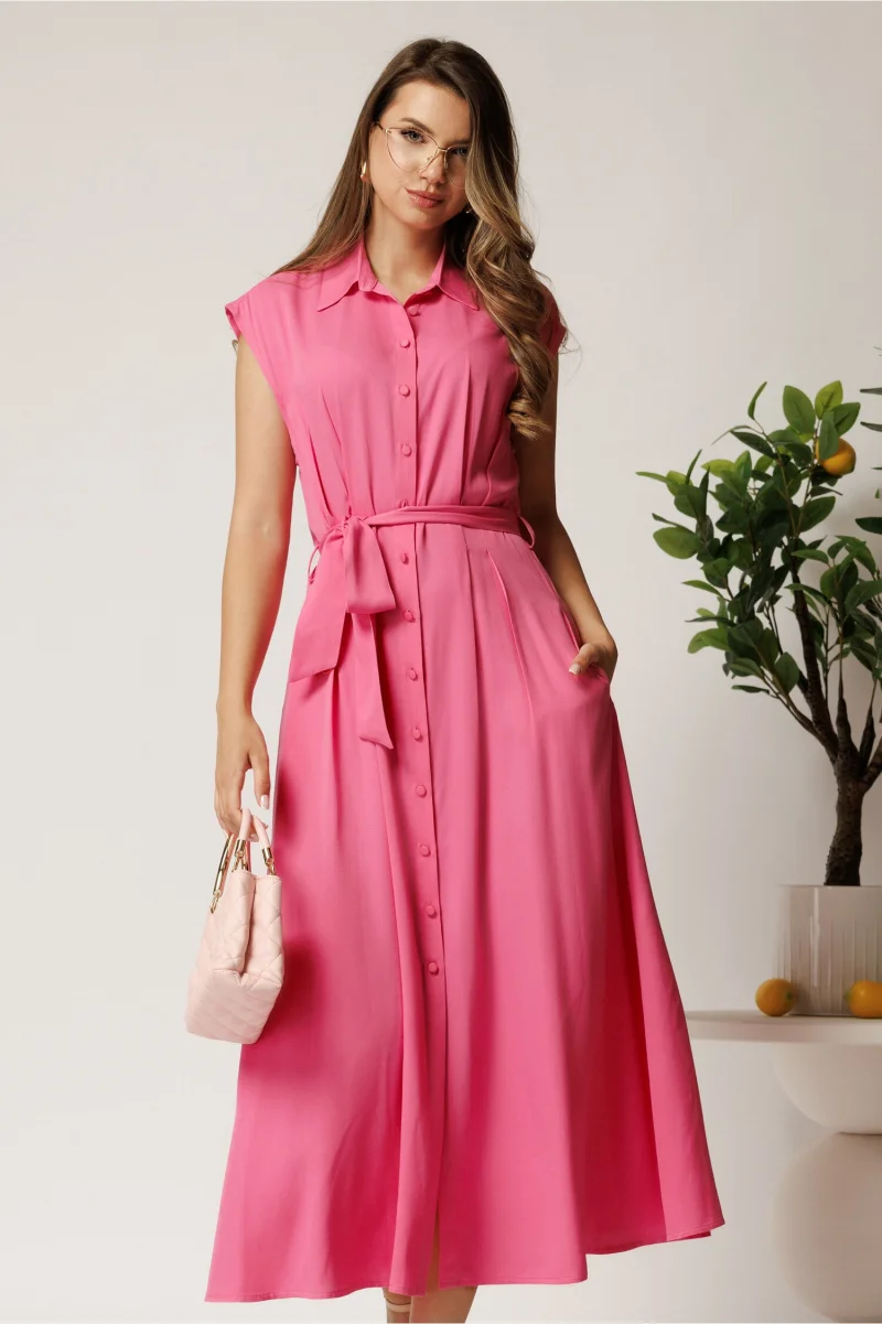 Rochie midi fucsia din viscoza cu nasturi si cordon