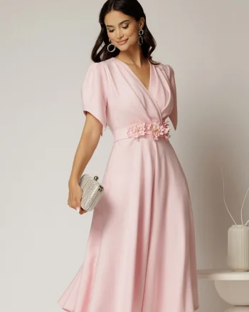 Rochie midi roz de ocazie cu pliuri pe bust si cordon detasabi cu flori