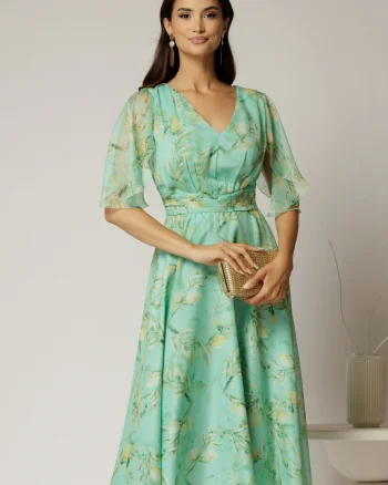 Rochie midi din voal verde menta cu imprimeu galben