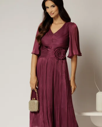 Rochie midi magenta din voal peliculizat cu decolteu V