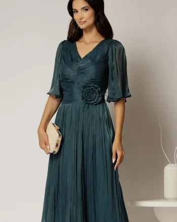 Rochie midi verde din voal peliculizat cu decolteu V