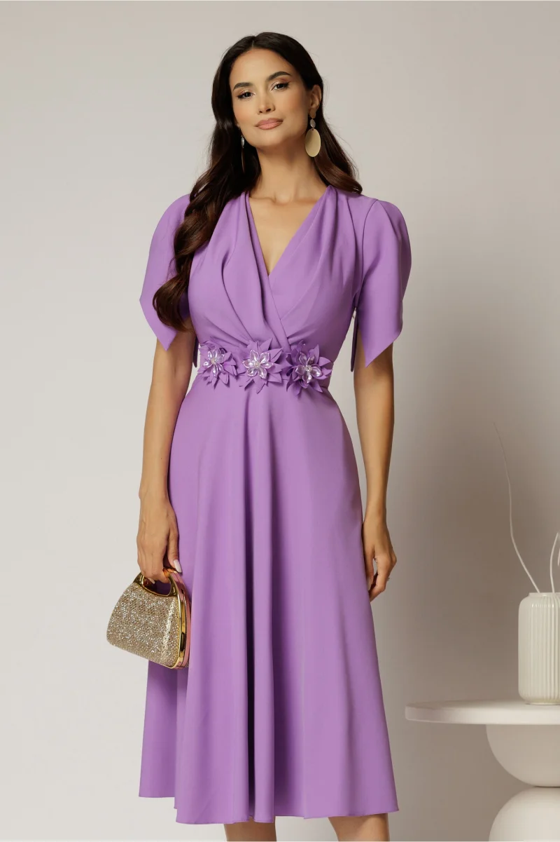 Rochie midi lila de ocazie cu pliuri pe bust si cordon detasabi cu flori