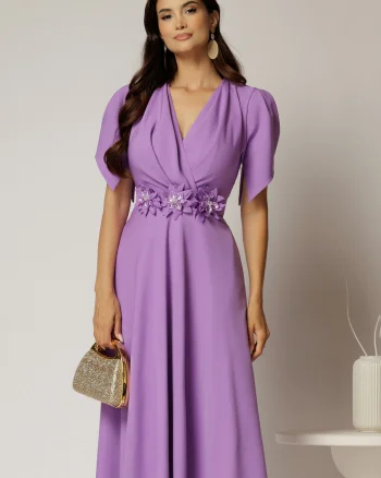 Rochie midi lila de ocazie cu pliuri pe bust si cordon detasabi cu flori