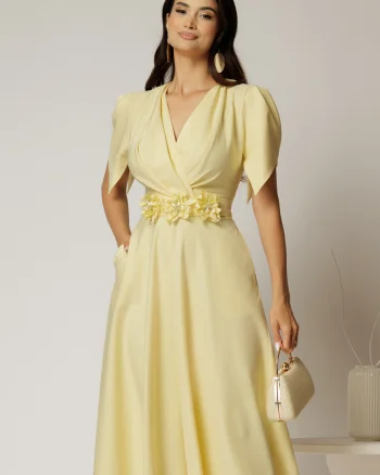 Rochie midi galbena de ocazie cu pliuri pe bust si cordon detasabi cu flori