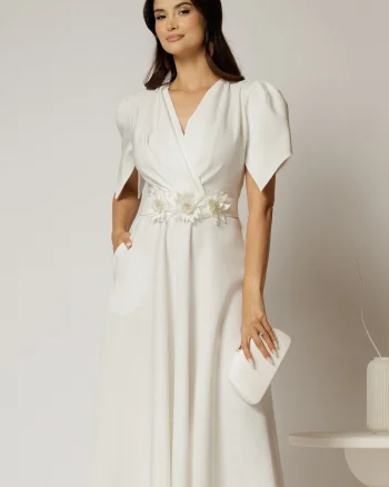 Rochie midi alba de ocazie cu pliuri pe bust si cordon detasabi cu flori