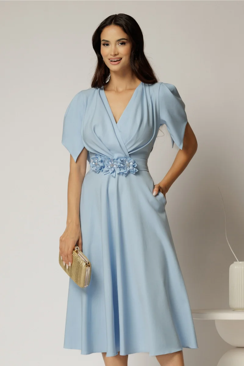 Rochie midi bleu de ocazie cu pliuri pe bust si cordon detasabi cu flori