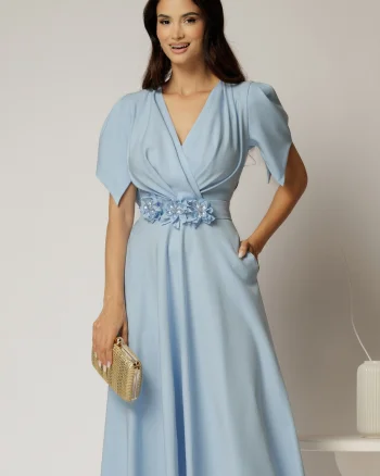 Rochie midi bleu de ocazie cu pliuri pe bust si cordon detasabi cu flori