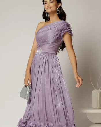 Rochie midi lila din voal peliculizat cu volanase pe fusta