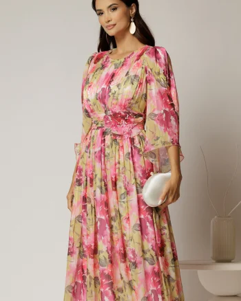Rochie midi de ocazie cu imprimeuri fucsia din voal peliculizat cu perle pe talie