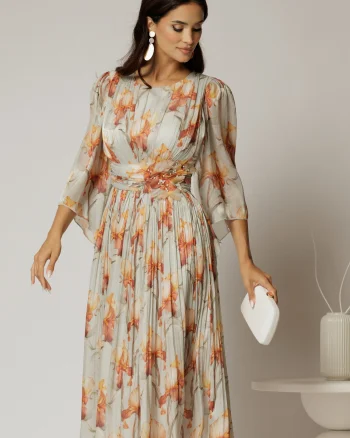 Rochie midi de ocazie cu imprimeuri caramizii din voal peliculizat cu perle pe talie