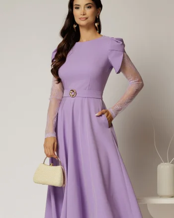 Rochie midi lila cu maneci din dantela si cordon detasabil