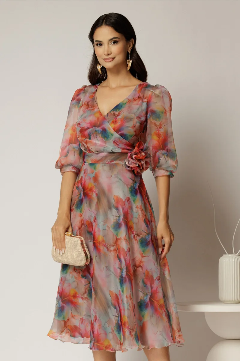 Rochie DY Fashion midi din organza cu imprimeuri oranj