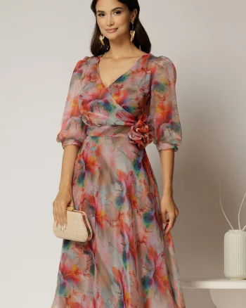 Rochie DY Fashion midi din organza cu imprimeuri oranj