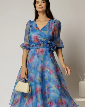 Rochie DY Fashion midi din organza cu imprimeuri albastre