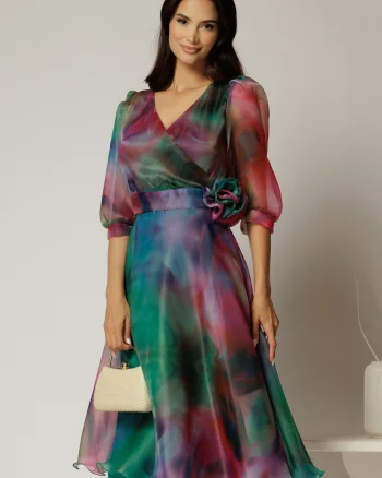 Rochie DY Fashion midi din organza cu imprimeuri verde fucsia