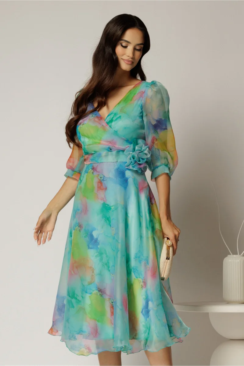 Rochie DY Fashion midi din organza cu imprimeuri turcoaz