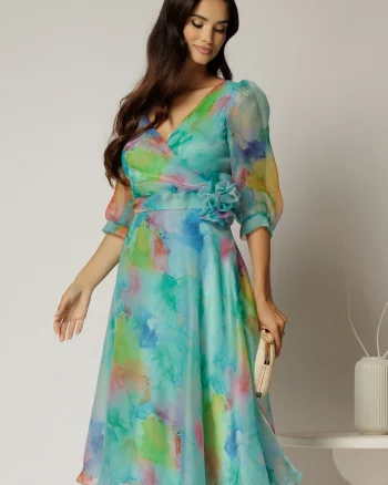 Rochie DY Fashion midi din organza cu imprimeuri turcoaz