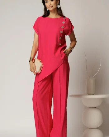 Compleu fucsia din viscoza din bluza asimetrica si pantalon lejer