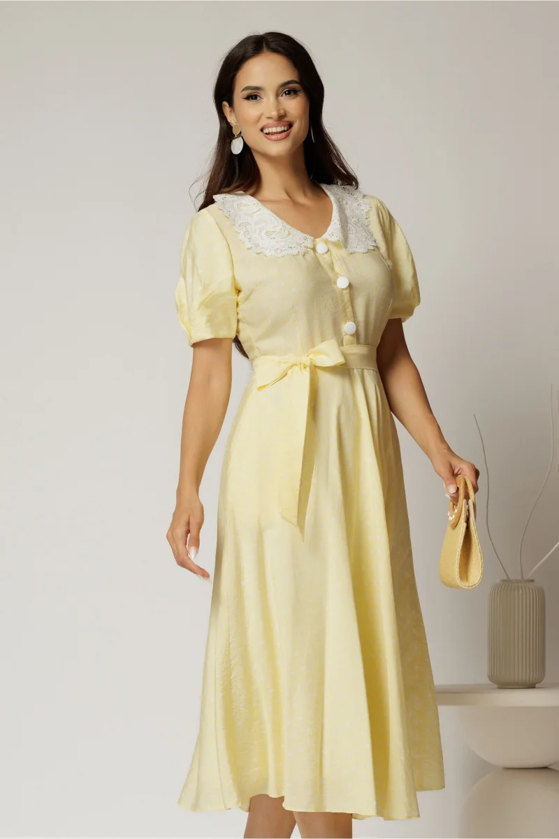 Rochie midi galbena cu buline de zi si guler brodat