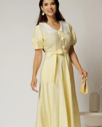 Rochie midi galbena cu buline de zi si guler brodat