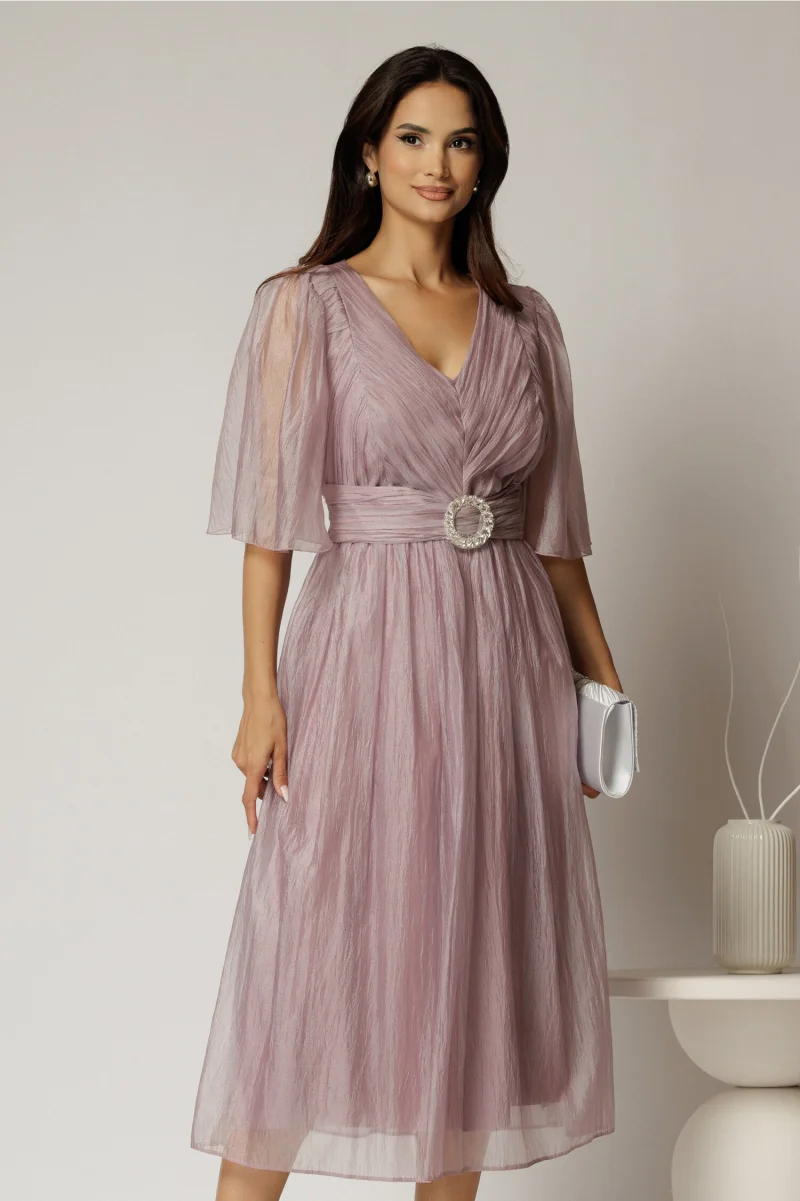 Rochie midi lila de ocazie din matase sintetica creponata