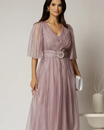 Rochie midi lila de ocazie din matase sintetica creponata