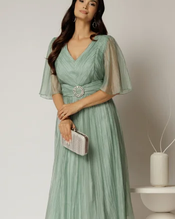Rochie midi verde menta de ocazie din matase sintetica creponata