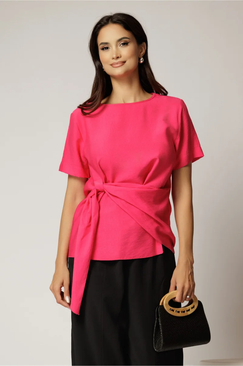 Bluza fucsia din viscoza cu nod in talie si croi lejer si maneci scurte